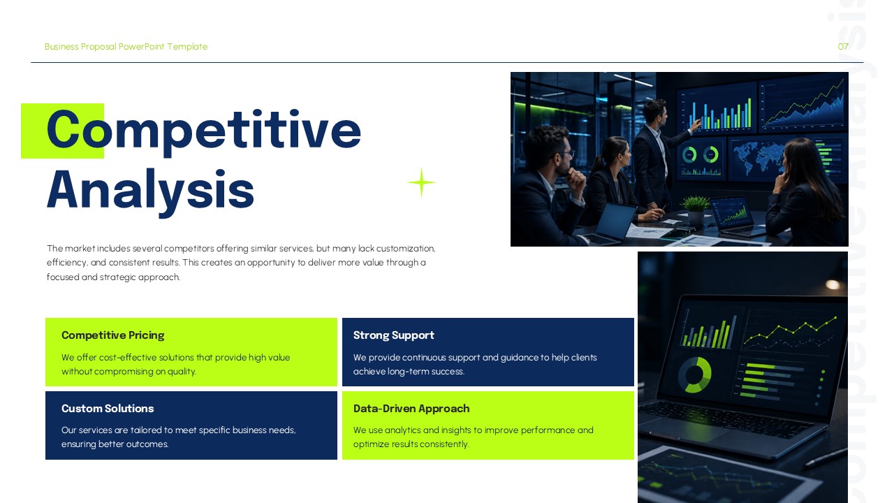 Competitive analysis presentation slide with business analytics visuals, comparison sections, and strategic insights.