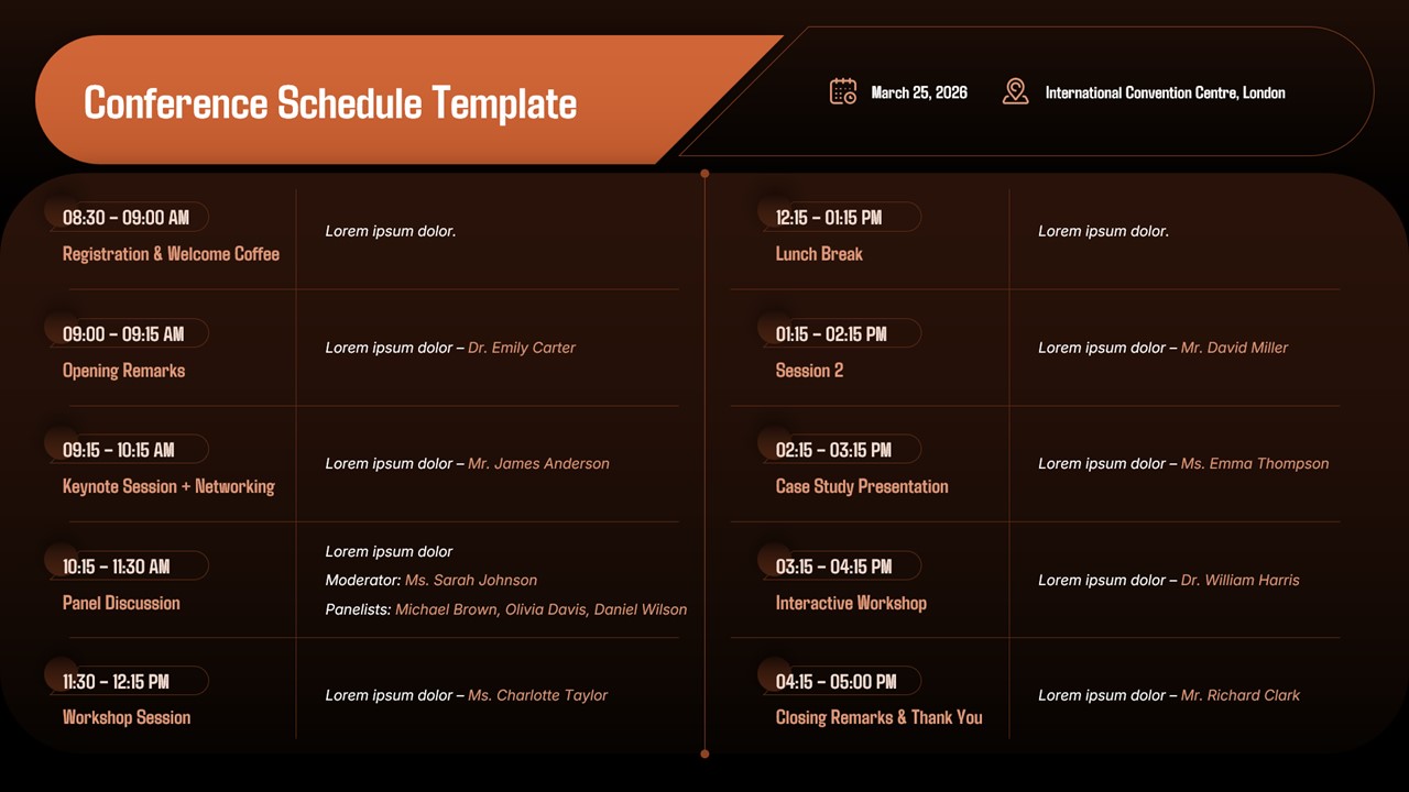Dark-themed conference planning presentation slide illustrating event agenda structure, session timelines, speaker coordination, and seminar scheduling for Google Slides.