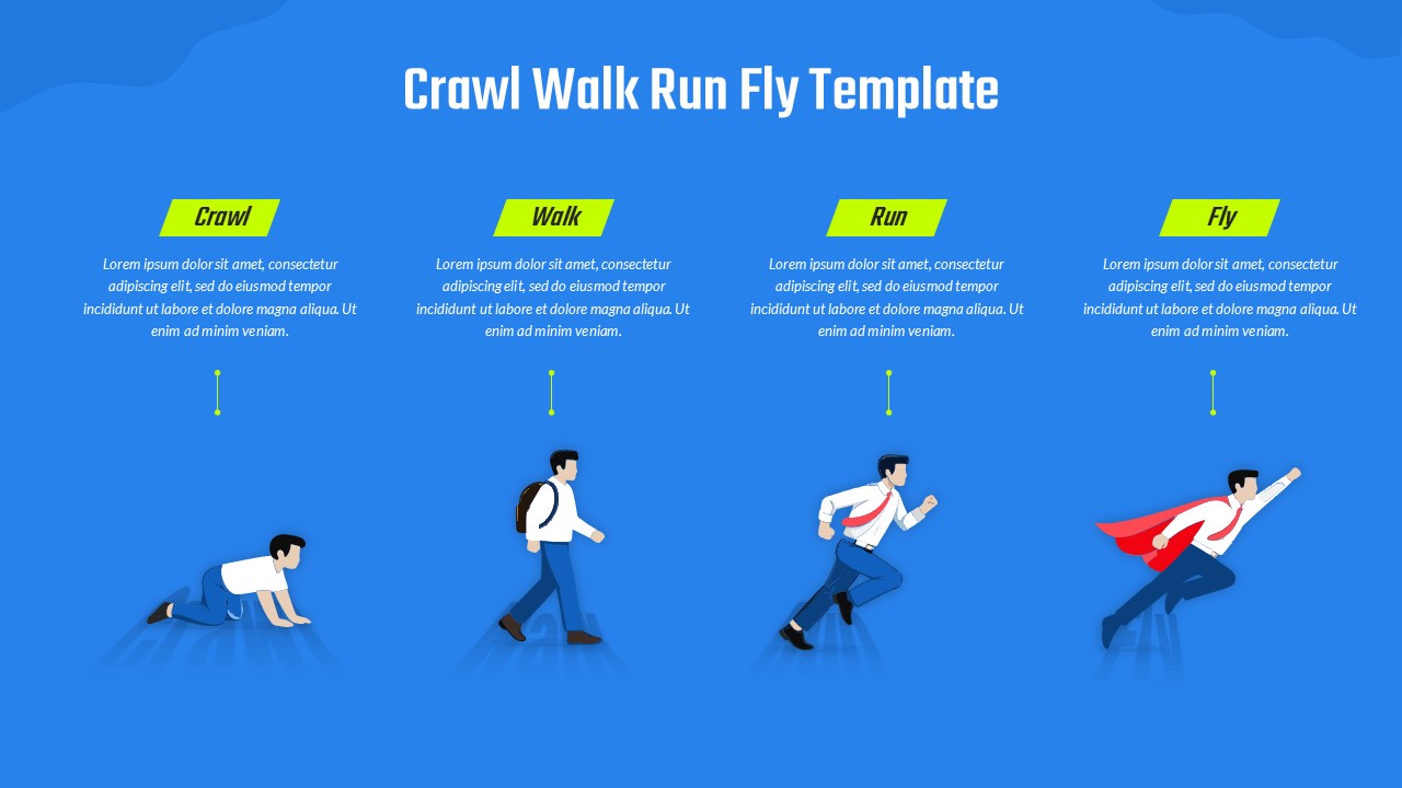 Crawl Walk Run Fly PPT slide template illustrating a four-stage maturity model from crawling to flying with progressive growth and capability development.