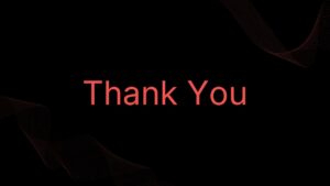 Minimal dark theme thank you slide template with elegant red typography and abstract background waves.