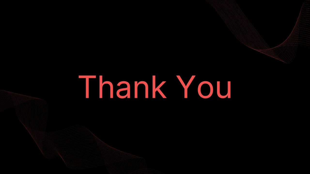 Minimal dark theme thank you slide template with elegant red typography and abstract background waves.
