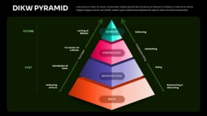 Dark-themed DIKW pyramid infographic with layered sections for data, information, knowledge, and wisdom concepts.
