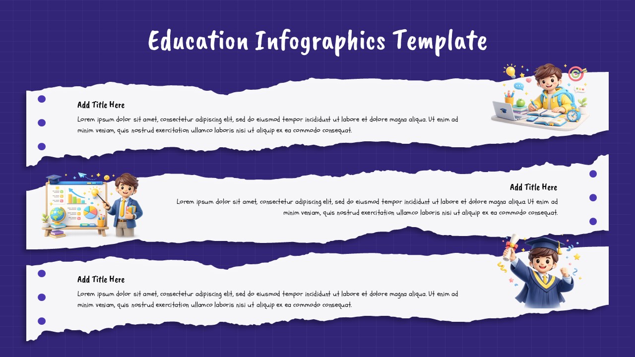 Education infographic learning Google Slides template with three horizontal content sections, educational illustrations, and infographic-style layout.