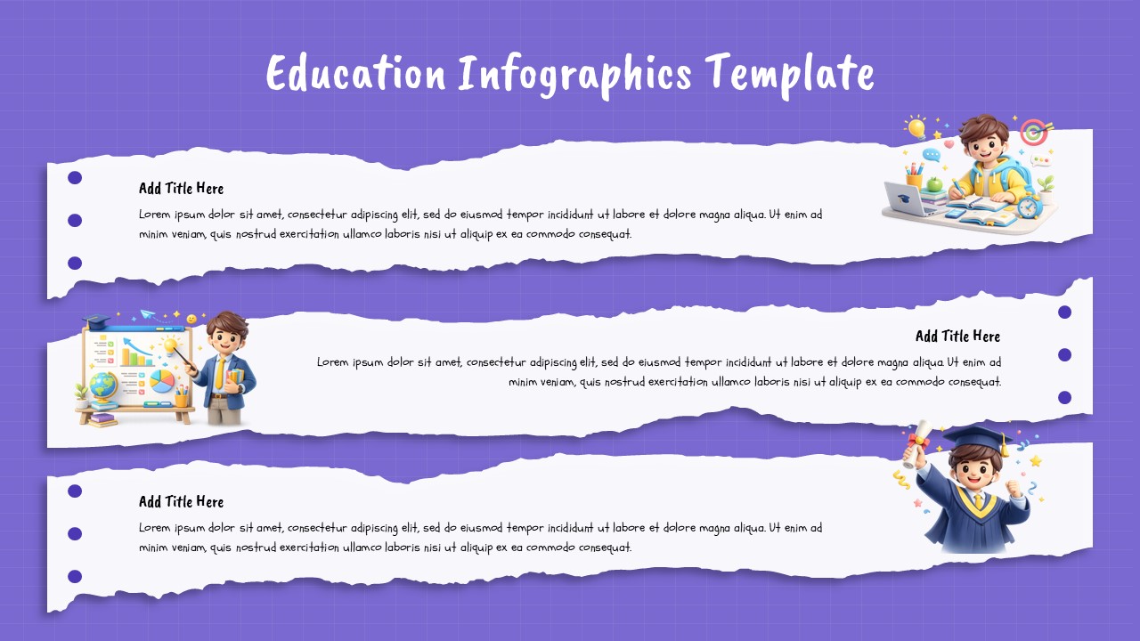 Education infographic learning PPT template featuring a three-section torn paper layout with student illustrations for presenting educational concepts and learning topics.