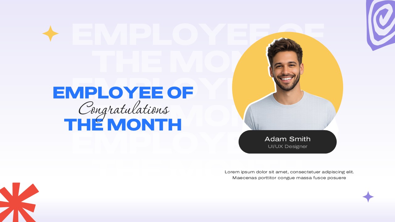 Employee appreciation presentation slide featuring staff recognition layout, achievement showcase, award announcement, and professional workplace celebration design for PowerPoint and Google Slides.