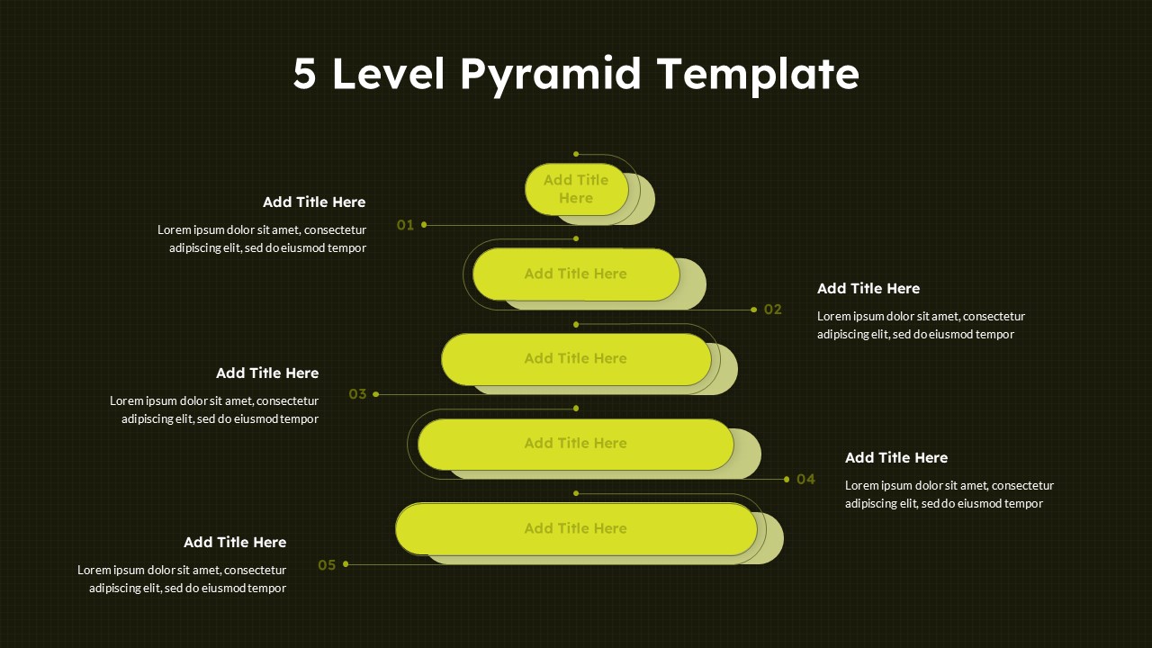 Dark-themed five-level pyramid infographic slide with layered structure and editable content sections.