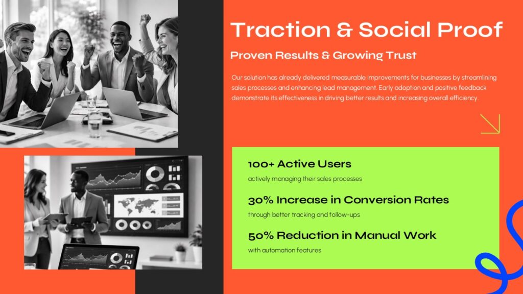 Creative sales pitch template featuring traction and social proof slide with modern business graphics.