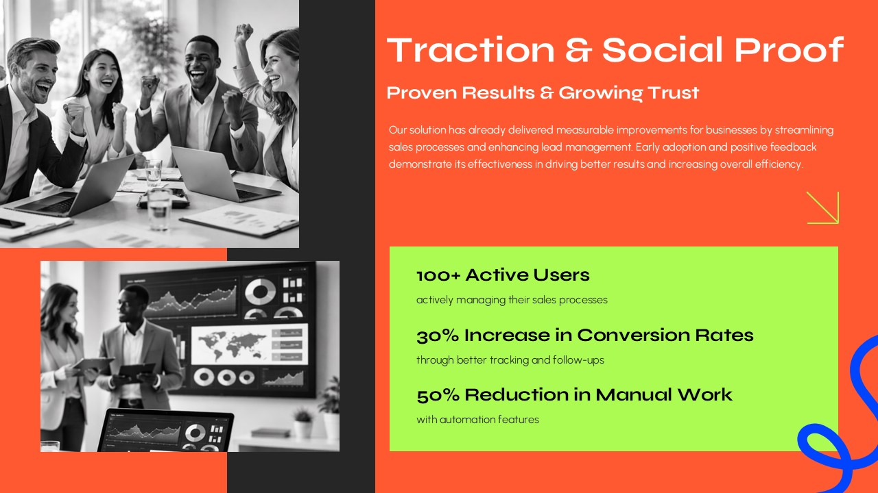 Creative sales pitch template featuring traction and social proof slide with modern business graphics.
