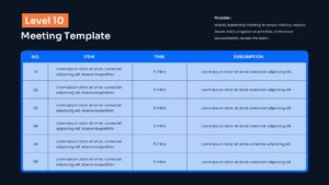 Professional Level 10 meeting Google Slides template with agenda tracker and team meeting discussion layout.