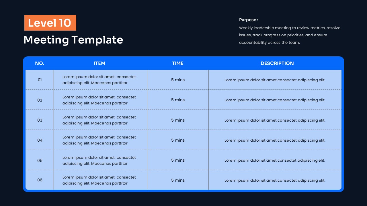 Professional Level 10 meeting Google Slides template with agenda tracker and team meeting discussion layout.