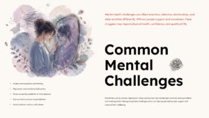 Google Slides template outlining common mental health challenges including anxiety, stress, burnout, and emotional exhaustion.