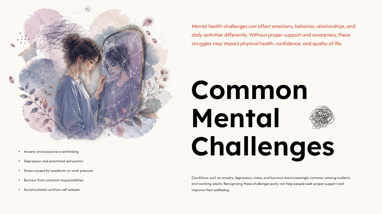 Google Slides template outlining common mental health challenges including anxiety, stress, burnout, and emotional exhaustion.