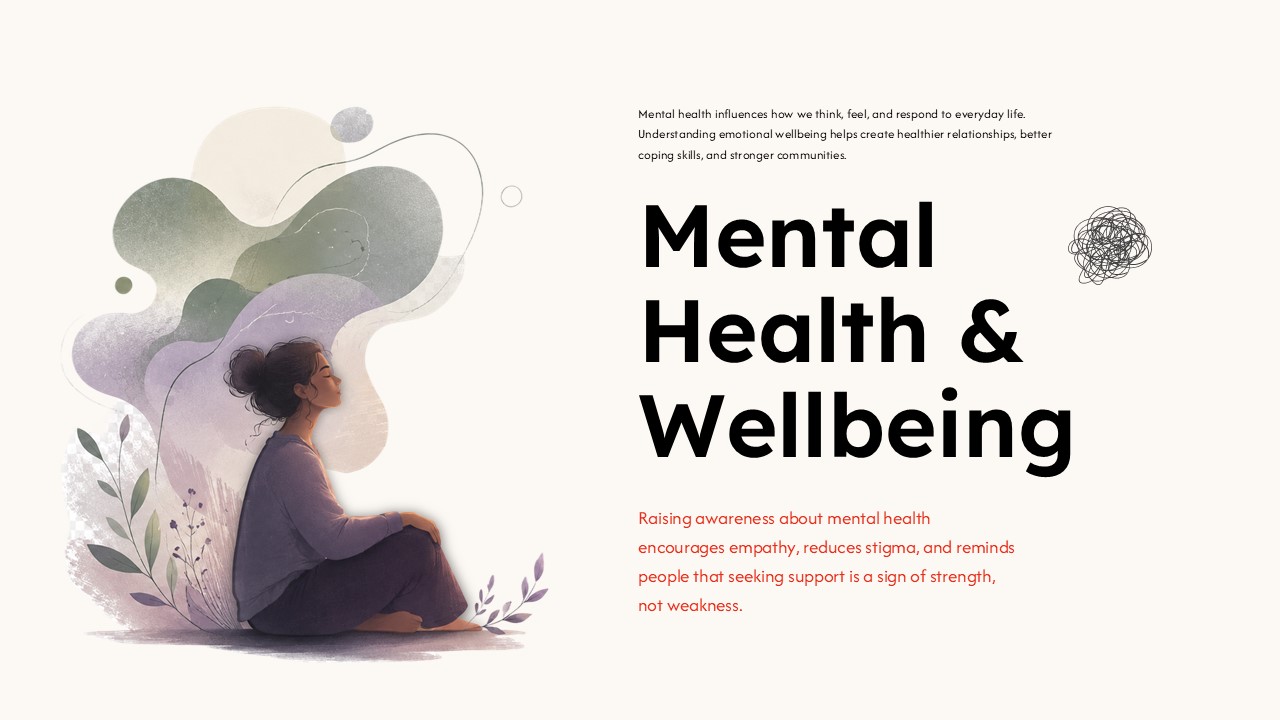Mental health and wellbeing PowerPoint slide with calming illustration, awareness message, and modern typography.
