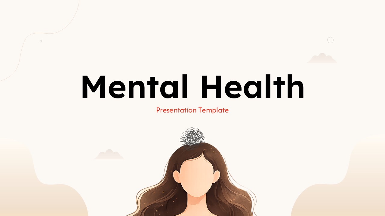 Cover slide of a mental health presentation template featuring a calming wellness illustration and modern minimalist design.