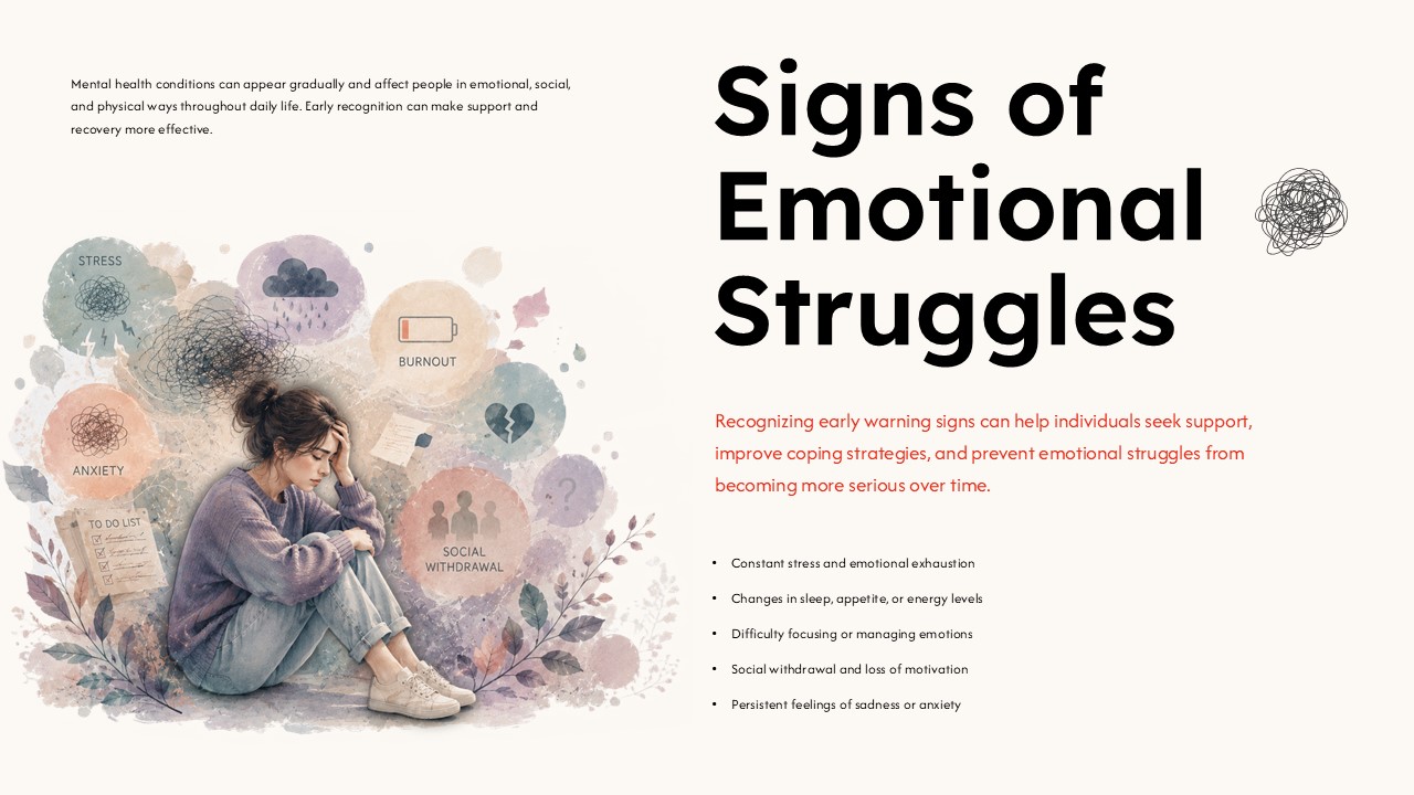 Mental health safety plan template highlighting emotional warning signs, stress indicators, and coping support strategies.