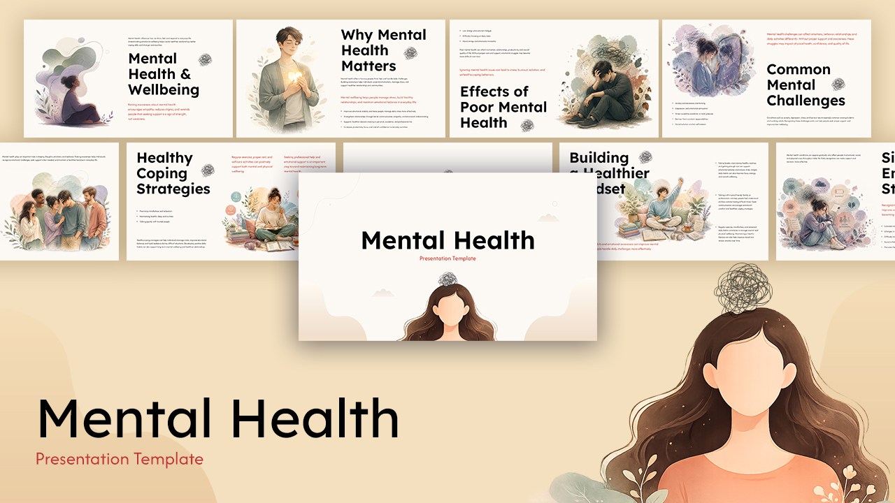 Mental health slides template featuring wellness, emotional wellbeing, coping strategies, awareness, and support-themed presentation slides.