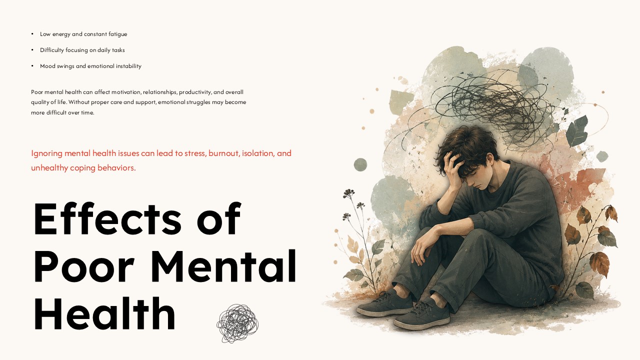 Mental health slideshow template illustrating emotional struggles, stress, burnout, and the effects of poor mental health.