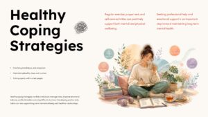 Mental health treatment plan template presenting healthy coping strategies, self-care habits, mindfulness, and emotional wellness practices.