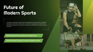 Technology-focused sports presentation design showcasing virtual reality fitness training, smart coaching systems, and modern athletic performance tools.