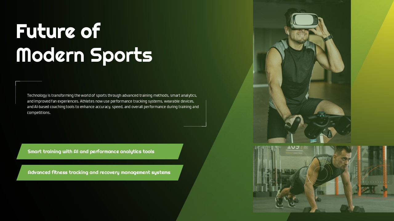 Technology-focused sports presentation design showcasing virtual reality fitness training, smart coaching systems, and modern athletic performance tools.