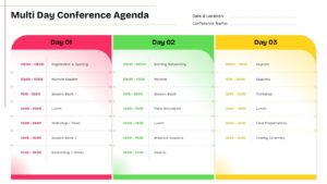 Multi day conference agenda Google Slides template with three-day event schedule layout and color-coded agenda sections.