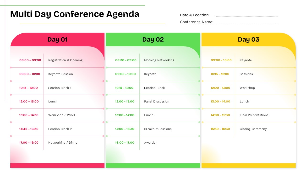 Multi day conference agenda Google Slides template with three-day event schedule layout and color-coded agenda sections.