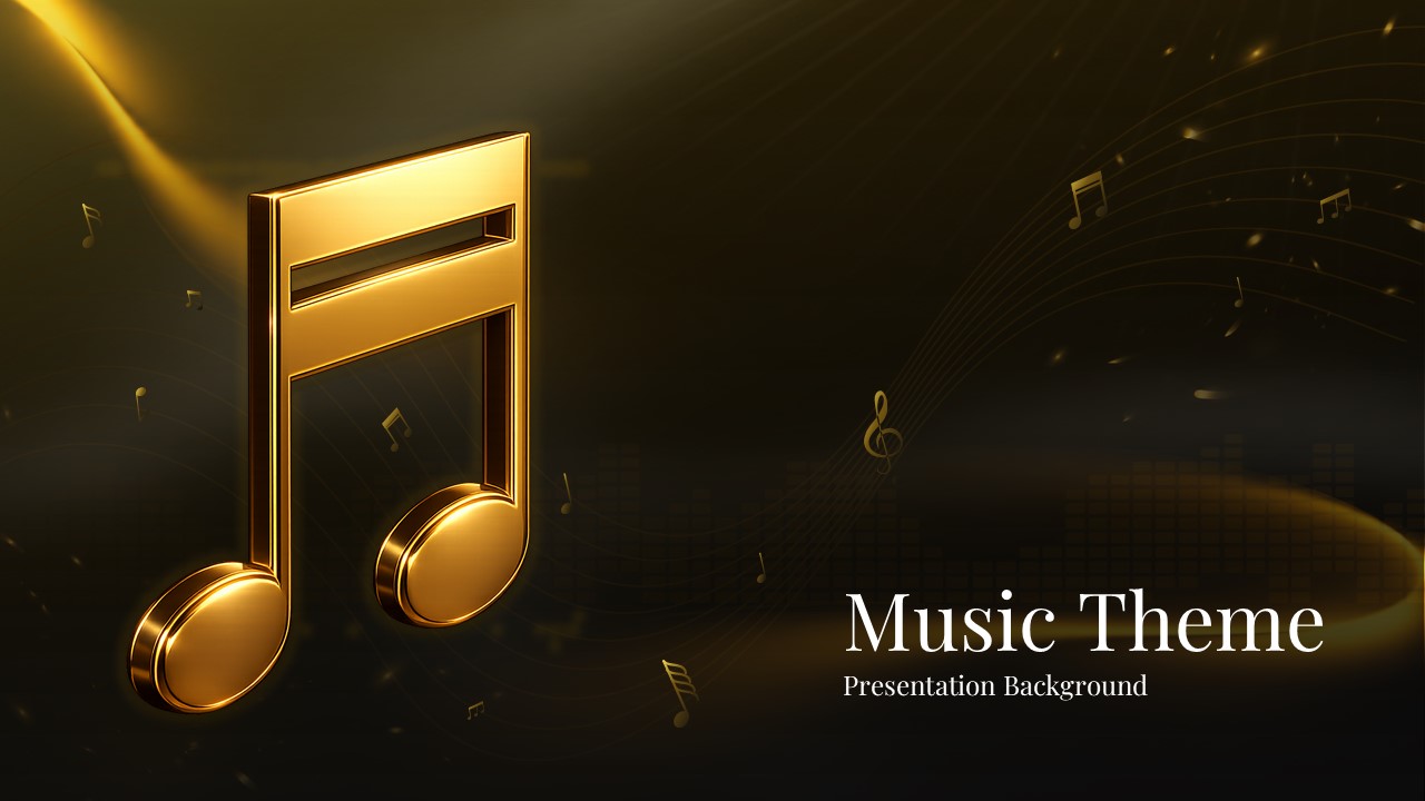 Elegant musical presentation background featuring glowing golden notes, audio wave patterns, and artistic sound-inspired visuals for PPT and Google Slides.
