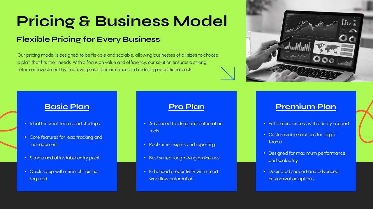 Modern pricing model presentation template with tiered pricing plans for PowerPoint and Google Slides.