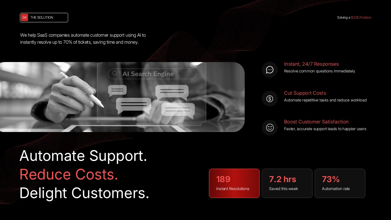 SaaS pitch deck Google Slides template with dark corporate layout, metrics, and automation presentation design.