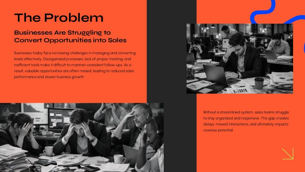 PowerPoint sales deck template featuring problem statement slide with modern business layout and image sections.
