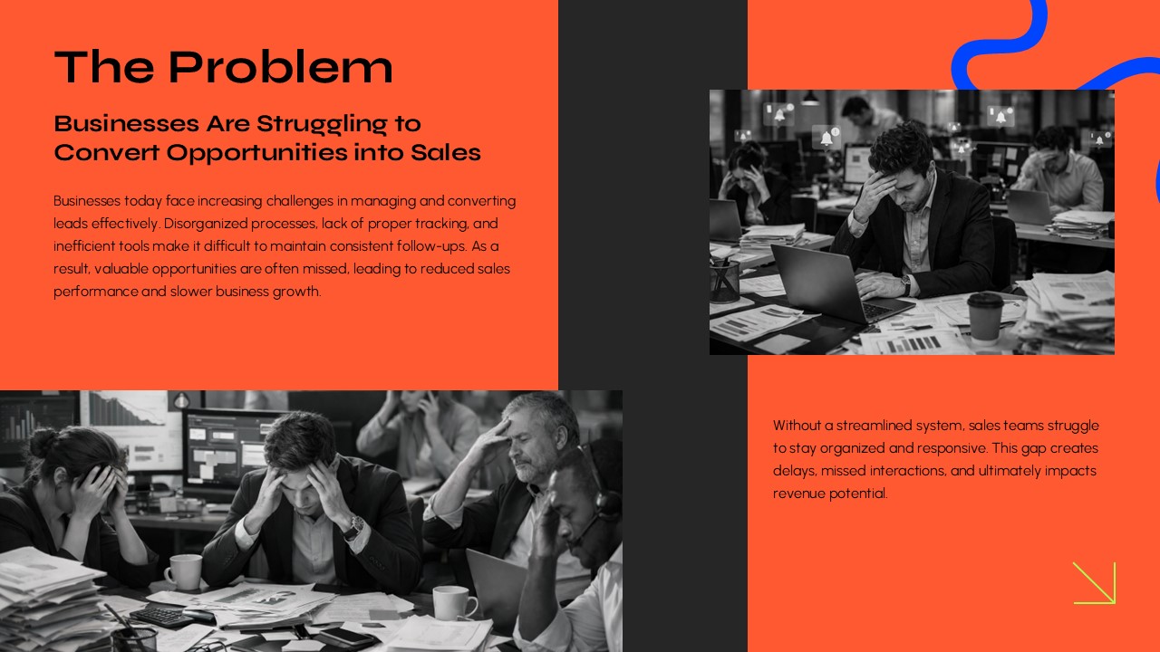 PowerPoint sales deck template featuring problem statement slide with modern business layout and image sections.