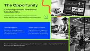 Google Slides sales pitch deck template with opportunity analysis slide and modern business presentation design.