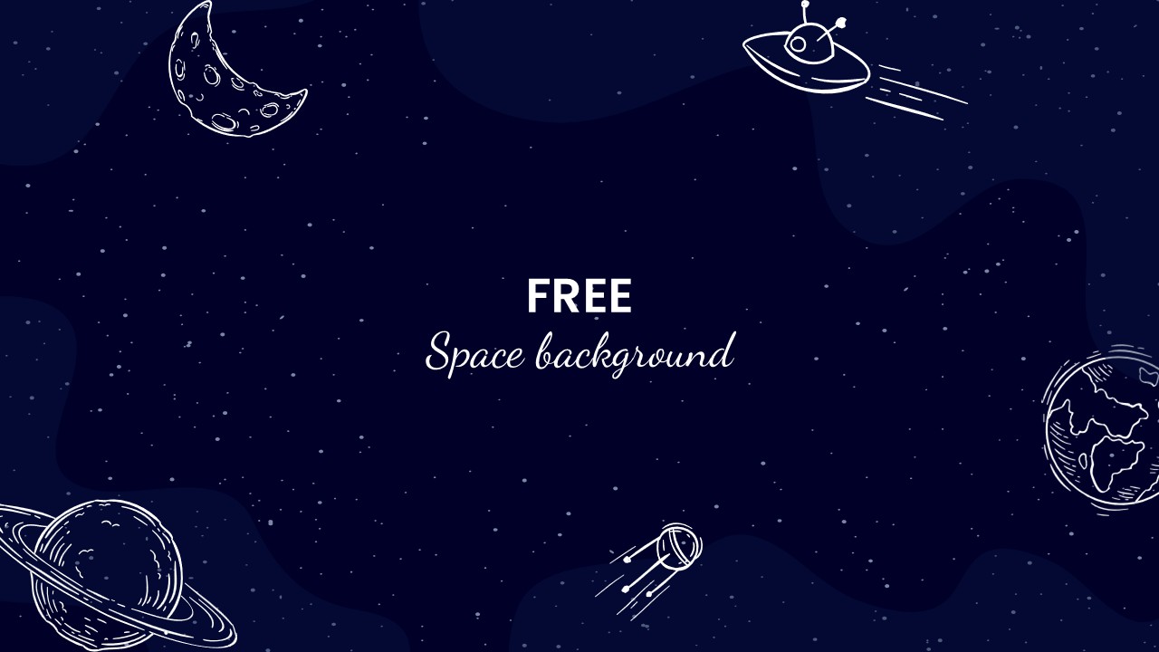 Deep blue space background google slide with stars, planets, and hand-drawn celestial illustrations