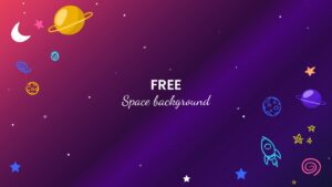 Purple space-themed background with planets, stars, and colorful cosmic illustrations for PowerPoint