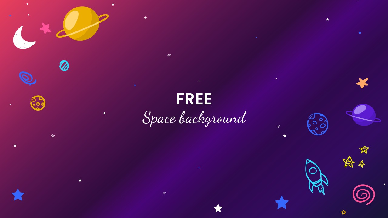 Purple space-themed background with planets, stars, and colorful cosmic illustrations for PowerPoint