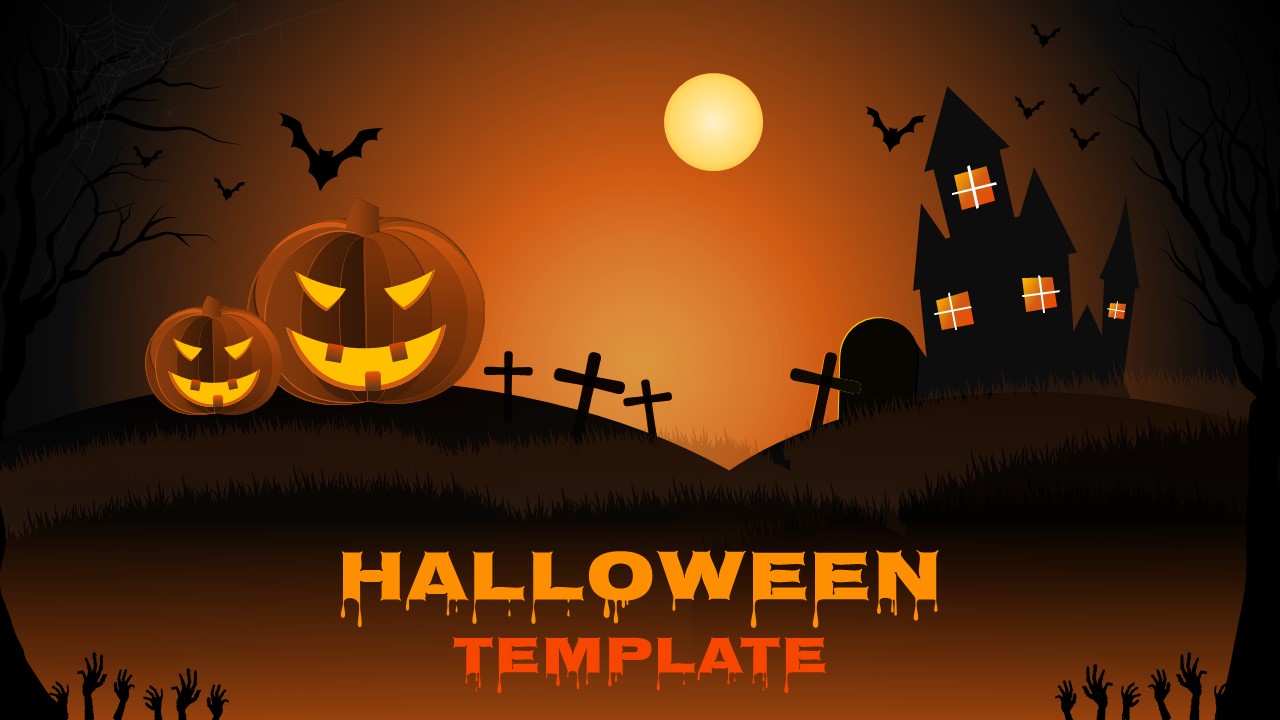 Halloween-themed presentation background featuring glowing pumpkins, haunted house silhouettes, moonlit scenery, and spooky autumn visuals for PowerPoint and Google Slides.