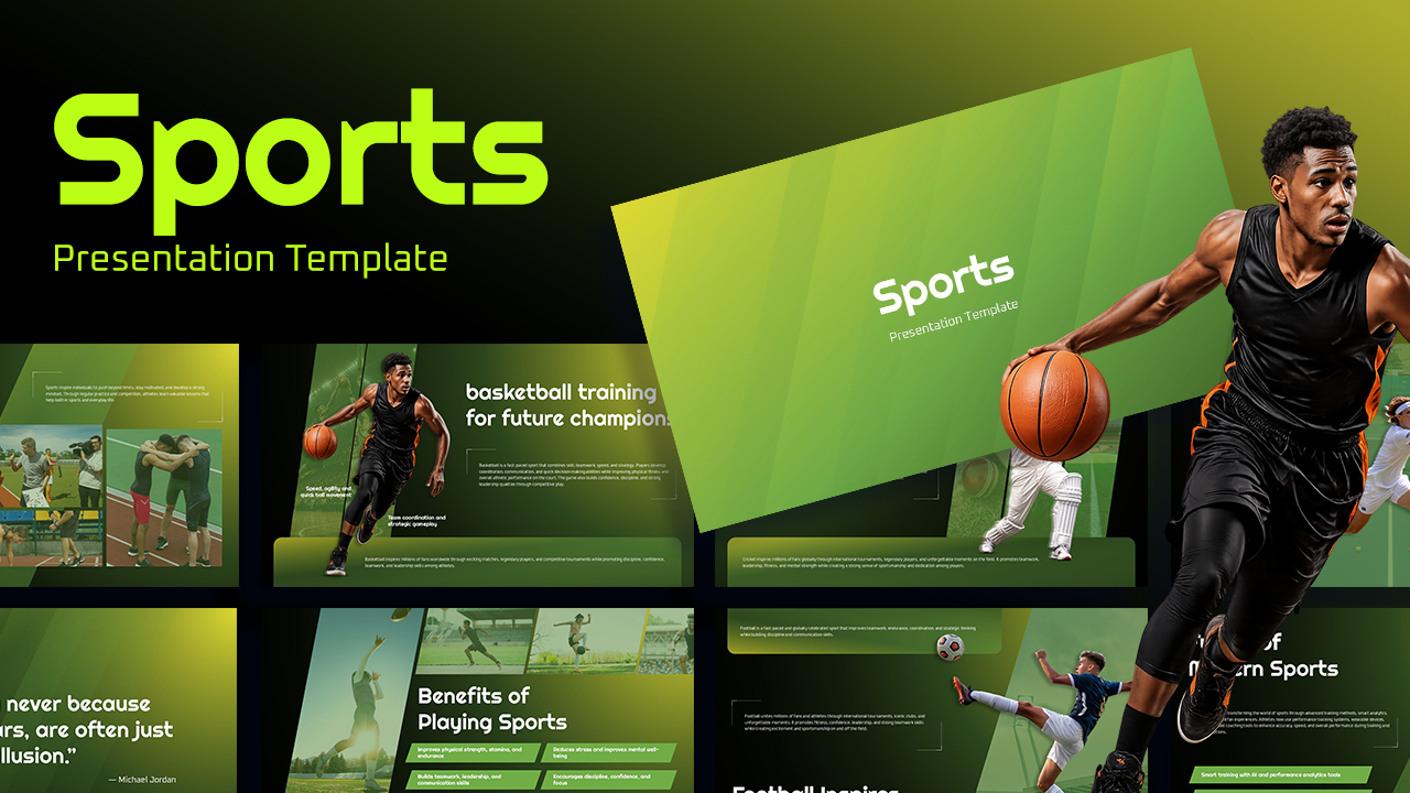 Sports PowerPoint Template cover slide with athletic presentation design for PPT featuring basketball, football, cricket, tennis, fitness, and modern sports training visuals with green gradient styling.