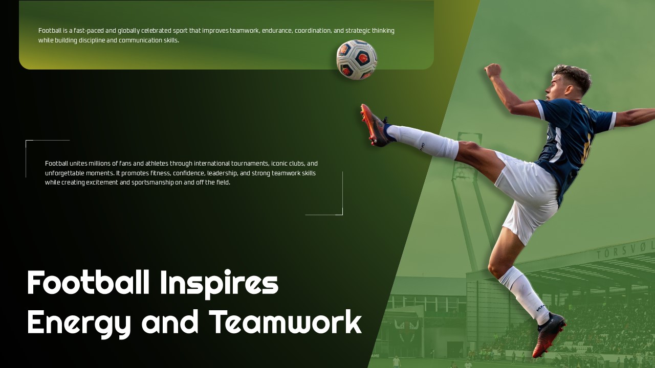ootball coaching and teamwork presentation for Google Slides featuring athlete action photography and motivational sports messaging.