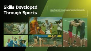 Teamwork and athletic growth presentation slide for PowerPoint featuring coaching, fitness drills, collaboration, and sports training activities.