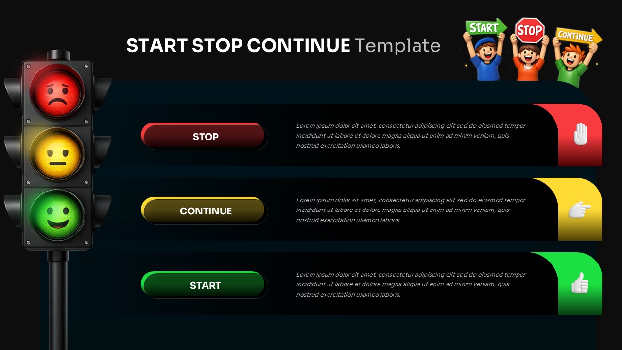 Dark-themed Start Stop Continue Google Slides template with traffic signal infographic and categorized feedback sections.