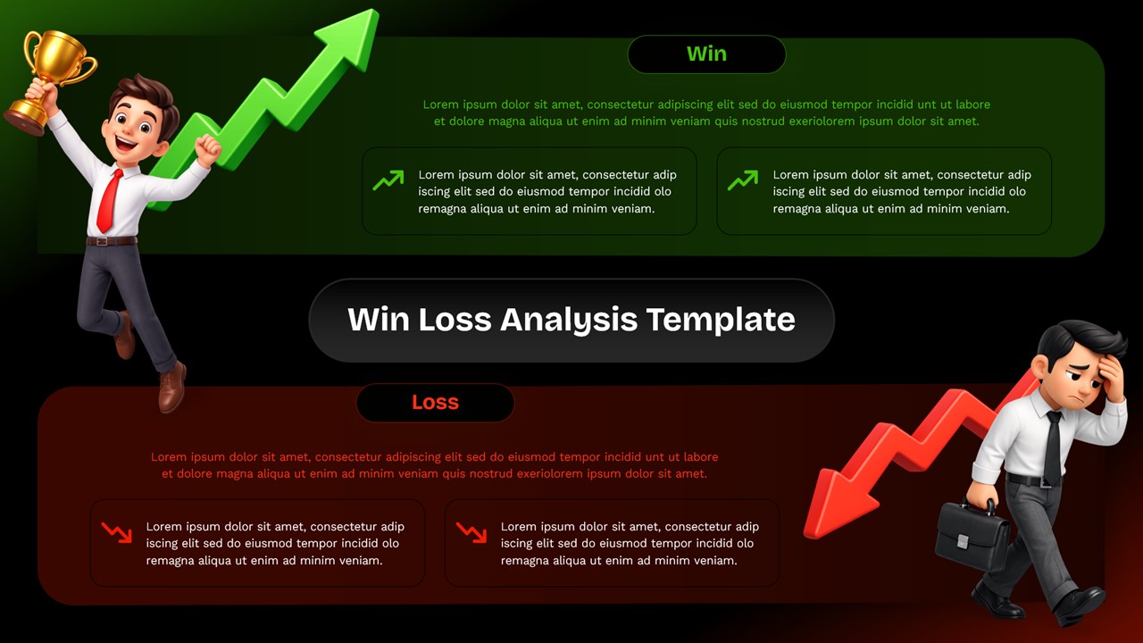 Dark-themed win loss analysis infographic with contrasting growth and decline visuals for business comparison In Google Slides