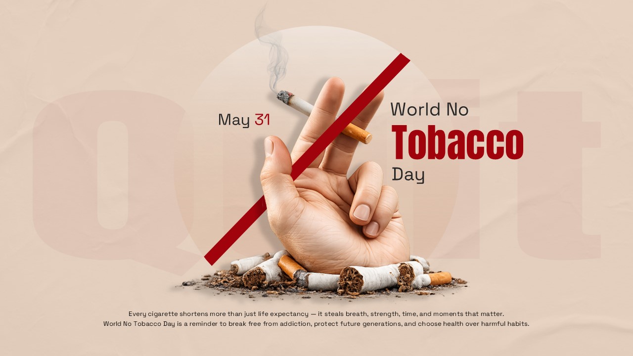 Anti-smoking awareness presentation background featuring a broken cigarette symbol, health awareness message, and no-smoking campaign visuals for PPT and Google Slides.