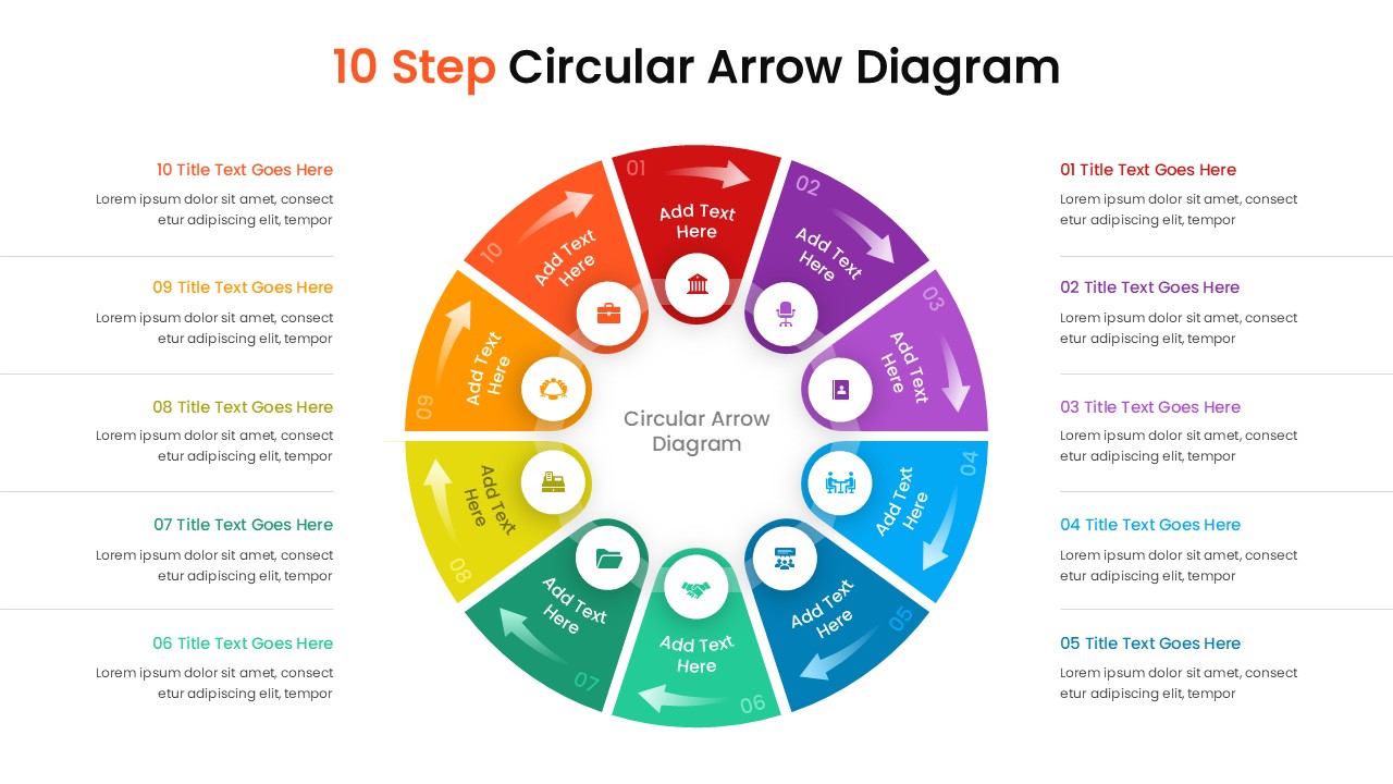 10 step circular arrow diagram ppt slide template