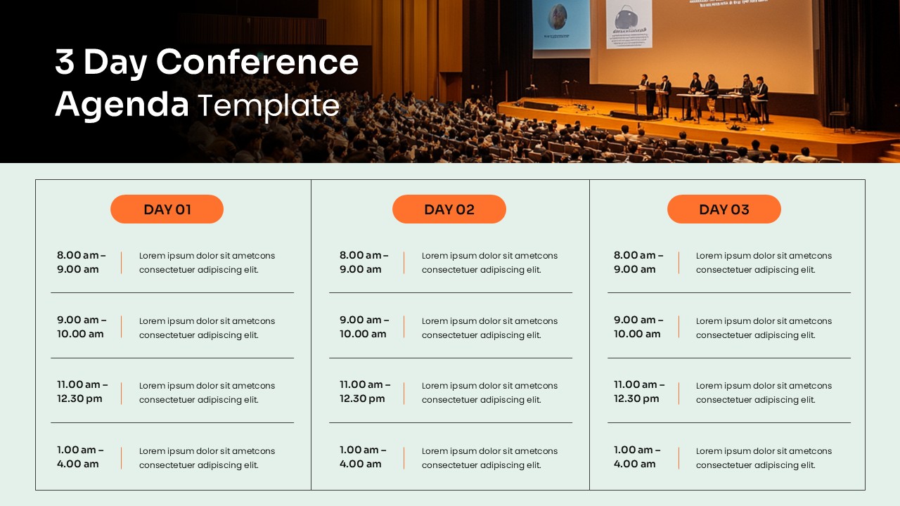Three-day conference agenda slide featuring daily event schedules, session timelines, speaker programs, and meeting activities.