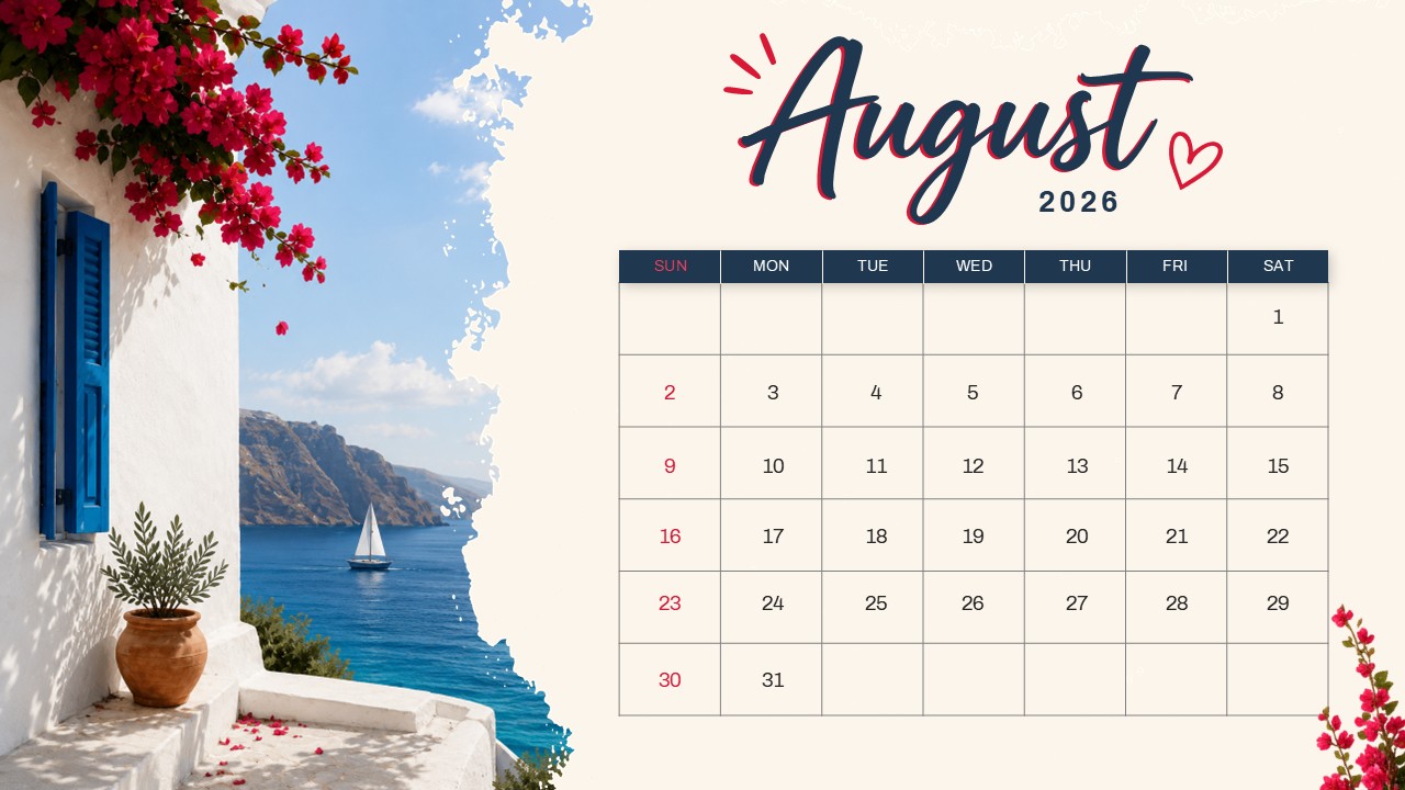 august monthly planner calendar ppt template