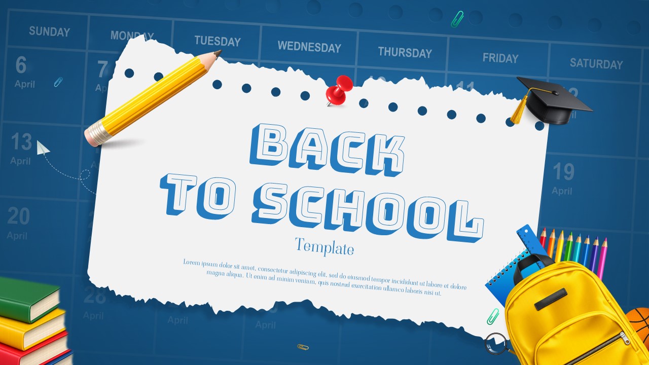 Back to school presentation template for PowerPoint and Google Slides featuring classroom supplies, academic elements, and an education-themed design.