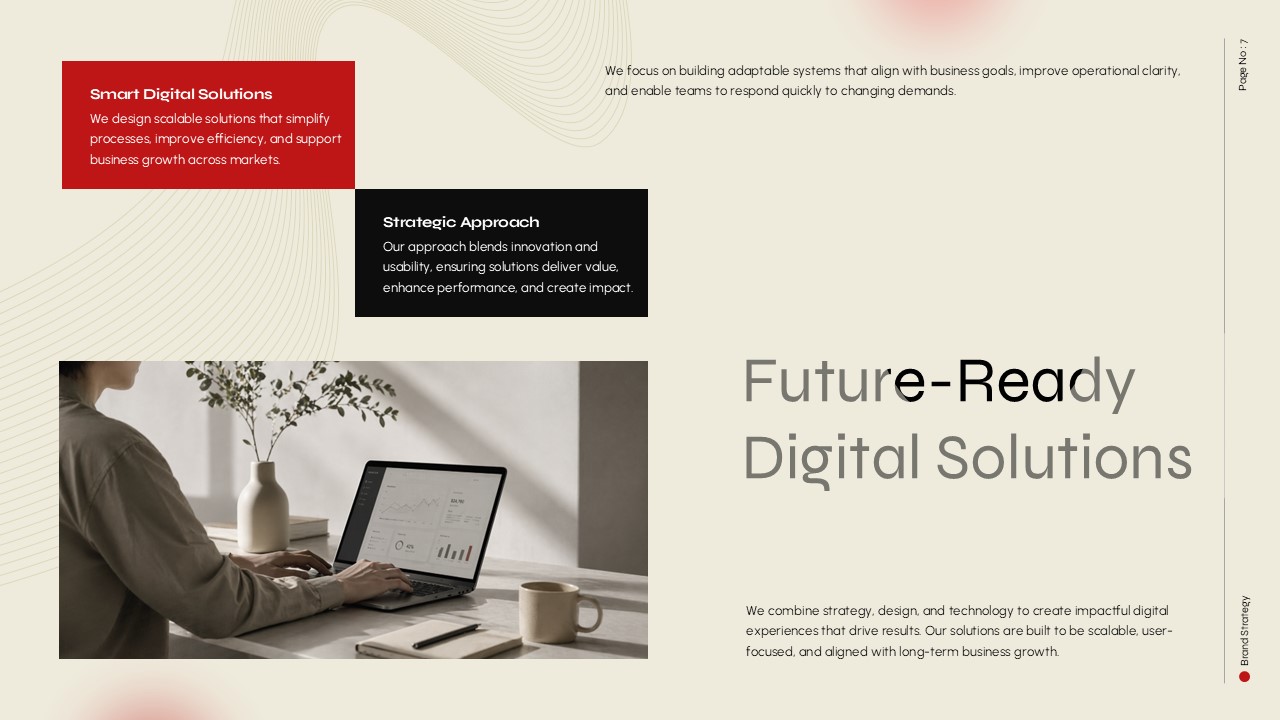 Business strategy slide presenting digital solutions, innovation initiatives, and technology-driven business growth strategies.