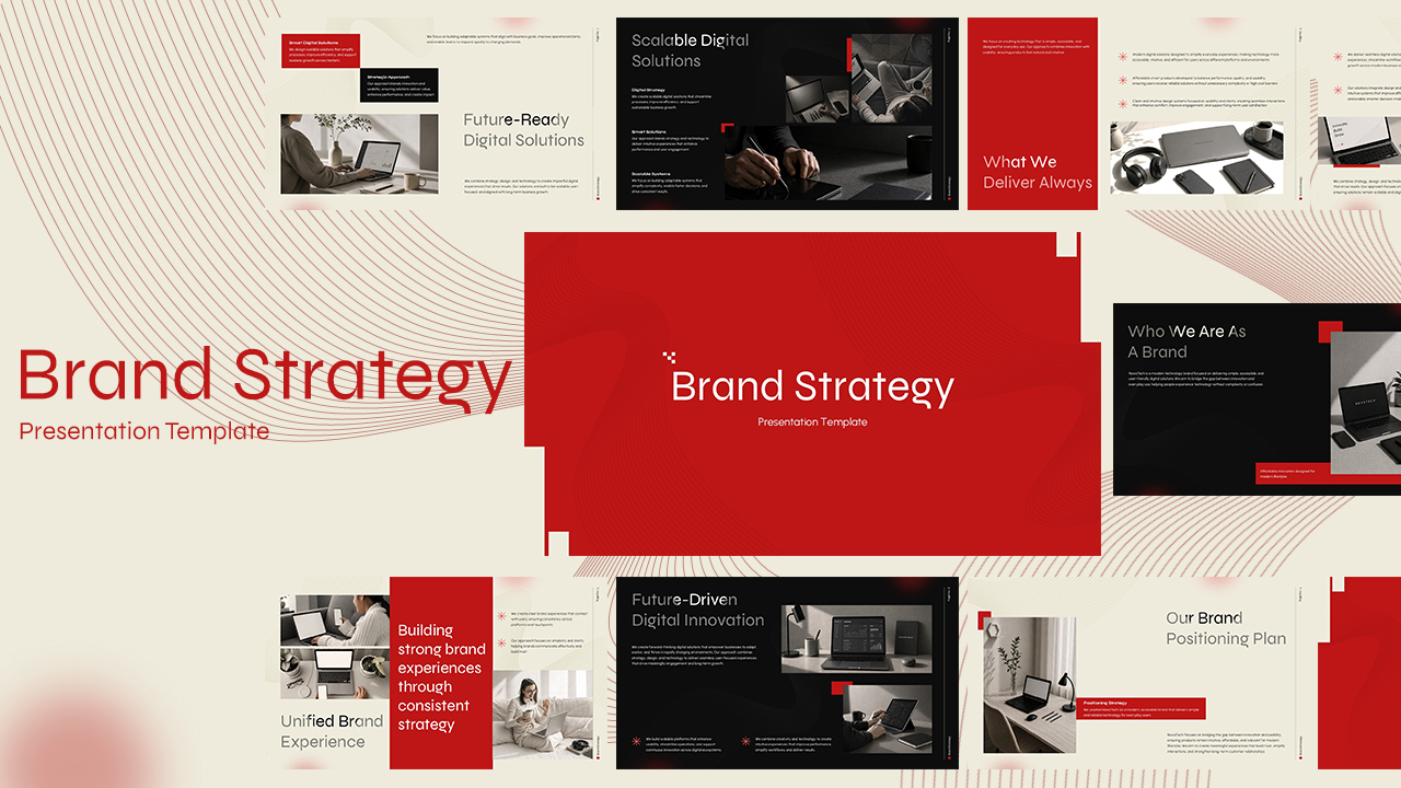 Business strategy presentation cover slide featuring corporate planning layouts, branding elements, and strategic business development visuals.