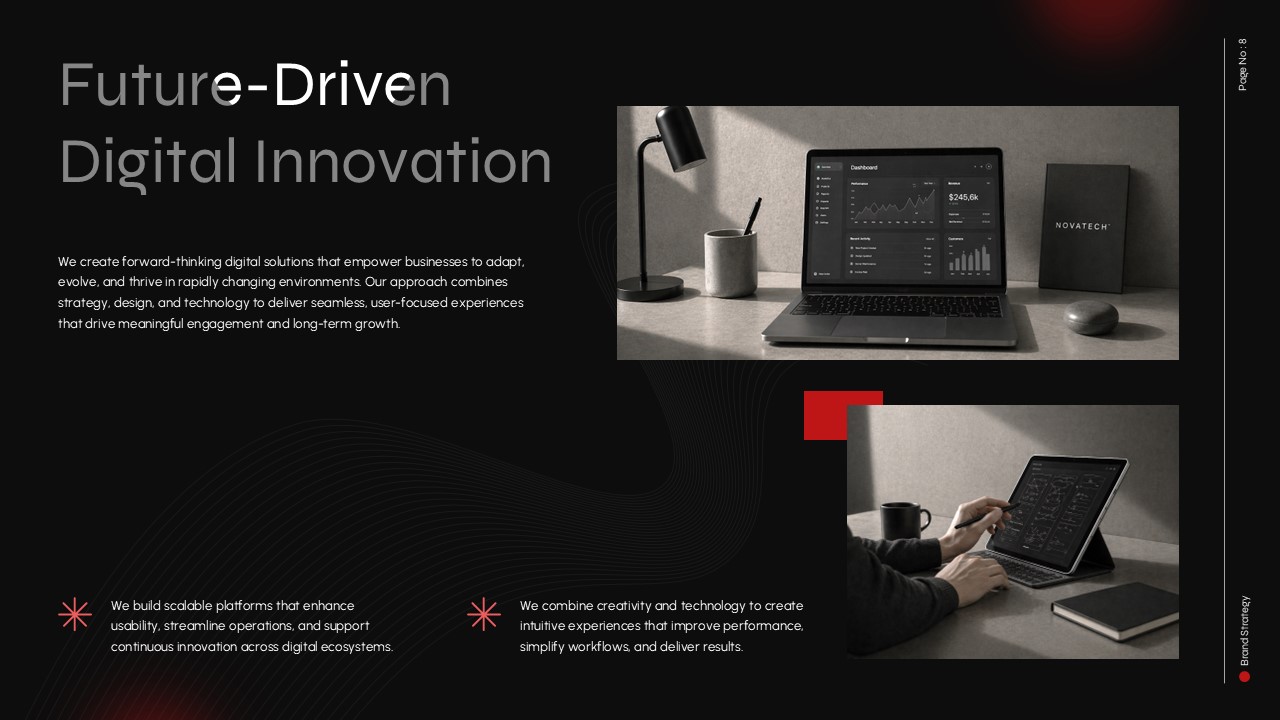 Corporate strategy slide highlighting digital innovation, business transformation, and future growth opportunities.