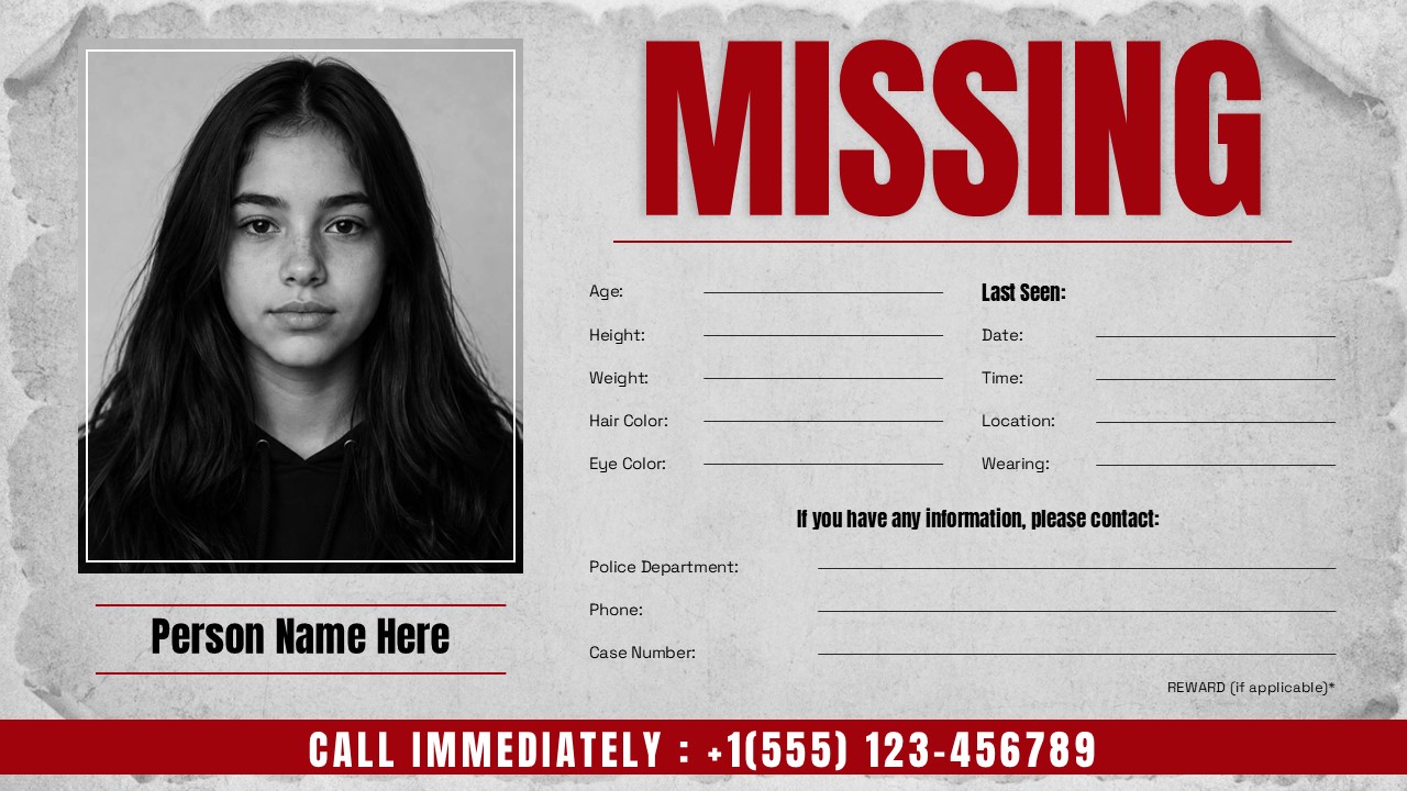 editable missing person poster presentation template